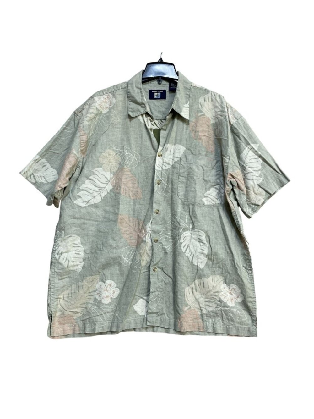 World Island Men's XL Tropical Button-Up Shirt Green/Beige Floral Print B1283